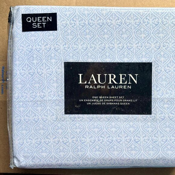 Ralph Lauren Blue Geometric Floral Queen Size Sheet Set     crisp percale cotton - Picture 1 of 3